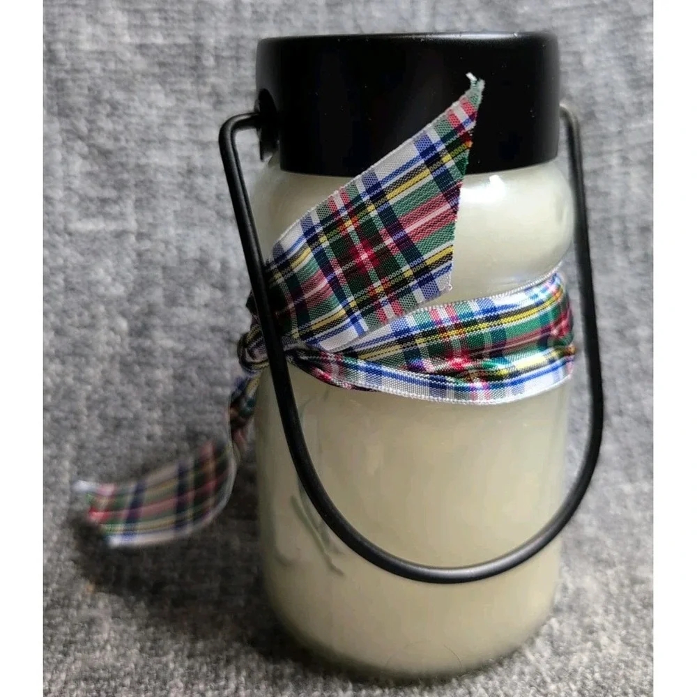Snowman Sugar Cookie Scented Jar Candle In Black Metal Holder Plaid Ribbon